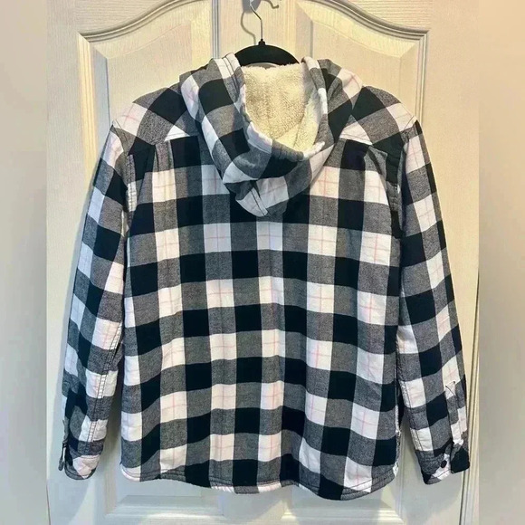 💗🖤”Boston Traders” Flannel Fleece Lined Hooded Shacket Pink/Black/White Sz S🖤 - Picture 8 of 16